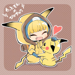 Rule 34 | 1girl, ^ ^, animification, apex legends, backpack, bag, blue gloves, blue headwear, bungaw, chibi, closed eyes, creatures (company), crossover, fang, game freak, gen 1 pokemon, gloves, headpat, heart, holding hands, nintendo, open mouth, pikachu, pikachu costume, pikachu hood, pokemon, pokemon (creature), trait connection, wattson (apex legends)