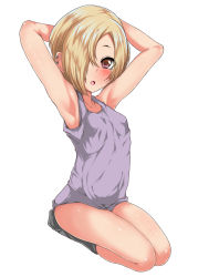 Rule 34 | 1girl, :o, armpits, arms behind head, arms up, bare arms, bare shoulders, blonde hair, blush, commentary request, ear piercing, eku (threshold), flat chest, full body, grey socks, hair over one eye, idolmaster, idolmaster cinderella girls, legs together, looking at viewer, open mouth, piercing, purple tank top, seiza, shiny skin, shirasaka koume, short hair, simple background, sitting, socks, solo, tank top, tongue, white background