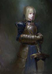 Rule 34 | 1girl, armor, armored dress, artoria pendragon (all), artoria pendragon (fate), avalon (fate/stay night), blonde hair, blue dress, blue ribbon, braid, braided bun, breastplate, dress, excalibur (fate/stay night), fate (series), hair bun, highres, little owl, looking away, painterly, planted, ribbon, saber (fate), solo, weapon
