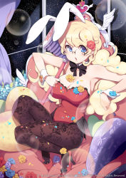 Rule 34 | 1girl, animal ears, blonde hair, blue eyes, bow, bowtie, breasts, cleavage, couch, fake animal ears, floral print, flower, glasses, hair flower, hair ornament, high heels, highres, leotard, long hair, original, pantyhose, toy hammer, playboy bunny, print pantyhose, rabbit ears, shoes, solo, ssberit, wrist cuffs
