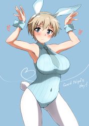 Rule 34 | 1girl, absurdres, animal ears, armpits, blonde hair, blue background, blue eyes, blue leotard, blush, brave witches, breasts, cameltoe, closed mouth, covered navel, fake animal ears, fake tail, highres, large breasts, leotard, looking at viewer, necktie, nikka edvardine katajainen, pantyhose, playboy bunny, rabbit ears, rabbit pose, rabbit tail, shiny skin, short hair, simple background, solo, sweat, tail, tricky 46, white pantyhose, world witches series