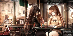 Rule 34 | 2girls, bad id, bad pixiv id, bare shoulders, black hair, book, brown eyes, brown hair, chair, closed mouth, collarbone, commentary request, green eyes, haguruma c, hair between eyes, hair ornament, hairclip, highres, holding, holding book, indoors, long hair, long sleeves, looking at another, multiple girls, off shoulder, open book, original, ponytail, reading, sitting, smile, window
