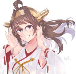 Rule 34 | 1girl, ahoge, alakoala, blush, breasts, brown hair, commentary request, dated, detached sleeves, double bun, glasses, grin, hair bun, headgear, japanese clothes, kantai collection, kongou (kancolle), large breasts, long hair, looking at viewer, nontraditional miko, purple-framed eyewear, ribbon-trimmed sleeves, ribbon trim, signature, smile, solo, upper body, white background, wide sleeves