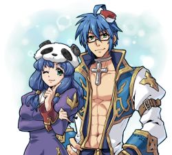 Rule 34 | 1boy, 1girl, abs, ahoge, alternate color, arm under breasts, biretta, black-framed eyewear, blue coat, blue hair, blush, breasts, choker, closed mouth, coat, commentary request, cross, cross choker, cross necklace, dress, eric flay, finger to cheek, glasses, green eyes, hands on own hips, high priest (ragnarok online), jewelry, juliet sleeves, layered clothes, long hair, long sleeves, looking at viewer, medium breasts, multicolored coat, necklace, one eye closed, open clothes, open coat, panda hat, priest (ragnarok online), puffy sleeves, purple dress, ragnarok online, semi-rimless eyewear, short hair, smile, two-tone coat, under-rim eyewear, upper body, white coat