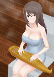 Rule 34 | 1girl, absurdres, bench, breasts, brown eyes, brown hair, cleavage, collarbone, flatfield, girls und panzer, highres, instrument, kantele, large breasts, long hair, looking at viewer, mika (girls und panzer), naked towel, parted lips, sauna, shirt, solo, solo focus, steam, towel, wooden bench, zither