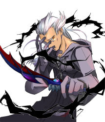 Rule 34 | 1boy, annima, ansem, ansem seeker of darkness, artist request, bad deviantart id, bad id, black coat (kingdom hearts), coat, commentary, covering face, gloves, kingdom hearts, kingdom hearts ii, long hair, male focus, riku (kingdom hearts), solo, spoilers, sword, weapon, white background, white hair, yellow eyes