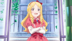 Rule 34 | 1girl, blonde hair, bow, bowtie, brown eyes, crossed arms, dress, drill hair, eromanga sensei, fury (leo), hair bow, hairband, highres, long hair, looking at viewer, official style, pink dress, pointy ears, red bow, red bowtie, red hairband, shirt, solo, standing, twin drills, upper body, white shirt, yamada elf