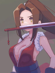 Rule 34 | 1girl, bare shoulders, breasts, brown eyes, brown hair, cleavage, commentary request, fatal fury, folded fan, folding fan, grey background, hand fan, high ponytail, highres, japanese clothes, large breasts, long hair, ninja, ooiwa (irc14786149), ponytail, revealing clothes, rope, shiranui mai, sideboob, solo, the king of fighters, the king of fighters xv
