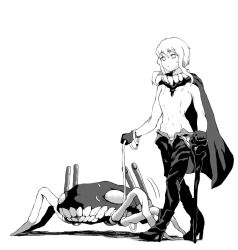 Rule 34 | 10s, 1girl, black gloves, bodysuit, gloves, greyscale, kantai collection, long hair, monochrome, personification, pet, simple background, solo, staff, tentacles, tooku nomura (artist), white background, wo-class aircraft carrier
