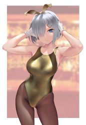 Rule 34 | 1girl, alternate costume, arms up, bare arms, bare shoulders, blue eyes, blurry, breasts, competition swimsuit, cowboy shot, gloves, gold one-piece swimsuit, hair ornament, hair over one eye, hairclip, hamakaze (kancolle), highres, kantai collection, looking at viewer, medium breasts, one-piece swimsuit, pantyhose, pantyhose under swimsuit, shiny swimsuit, short hair, silver hair, solo, swimsuit, wa (genryusui), white gloves