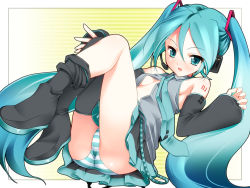 Rule 34 | 1girl, aqua eyes, aqua hair, blush, breasts, cleavage, detached sleeves, fugetsu taku, hatsune miku, headphones, long hair, necktie, open clothes, open mouth, panties, pantyshot, skirt, small breasts, smile, solo, striped clothes, striped panties, thighhighs, twintails, underwear, upskirt, very long hair, vocaloid