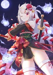 Rule 34 | 1girl, bell, blunt bangs, cherry blossoms, commentary request, detached sleeves, full moon, ghost, groin, hair bell, hair between eyes, hair bun, hair ornament, highres, holding, holding sword, holding weapon, hololive, horns, japanese clothes, karma (nakiri ayame), katana, long hair, long sleeves, looking at viewer, mask, mask on head, moon, multicolored hair, nakiri ayame, nakiri ayame (1st costume), night, night sky, obi, one side up, oni, oni mask, petals, red eyes, rope, sash, shimenawa, shinko gunsei, shiranui (nakiri ayame), side bun, sidelocks, single side bun, skin-covered horns, sky, smile, star (sky), starry sky, streaked hair, sword, thighhighs, two-tone hair, virtual youtuber, weapon, white hair, white thighhighs, wide sleeves, zettai ryouiki