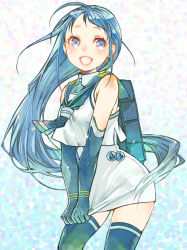Rule 34 | 10s, 1girl, backpack, bag, blue eyes, blue gloves, blue hair, blue thighhighs, blush, elbow gloves, gloves, kantai collection, long hair, matching hair/eyes, open mouth, personification, sailor collar, samidare (kancolle), skirt, skirt tug, smile, solo, standing, suga koharu, thighhighs, very long hair