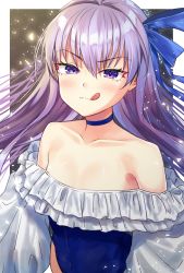 Rule 34 | 1girl, :q, bad id, bad pixiv id, bare shoulders, blue bow, blue choker, blue one-piece swimsuit, blush, bow, choker, closed mouth, collarbone, commentary request, covered navel, fate/grand order, fate (series), frilled swimsuit, frills, hair between eyes, hair bow, highres, honami (yths4221), long hair, meltryllis, meltryllis (fate), meltryllis (swimsuit lancer) (fate), off-shoulder one-piece swimsuit, one-piece swimsuit, purple eyes, purple hair, smile, solo, strapless, strapless one-piece swimsuit, swimsuit, tongue, tongue out, upper body, v-shaped eyebrows, very long hair