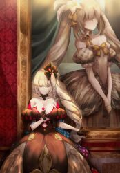 Rule 34 | 1girl, absurdres, alter servant, bare shoulders, black dress, black gloves, bow, breasts, choker, cleavage, collarbone, dark persona, dress, fate/grand order, fate (series), flower, gloves, hair bow, hair ornament, hair over eyes, half gloves, highres, holding, holding jewelry, holding ring, indoors, jewelry, large breasts, light persona, long hair, marie antoinette (alter) (fate), marie antoinette (fate), minako larima, picture frame, portrait (object), ring, side ponytail, small breasts, smile, solo, twintails, very long hair, white dress, white flower, white gloves, white hair, yellow eyes