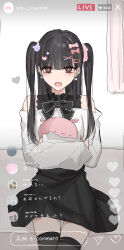 Rule 34 | 1girl, :d, bare shoulders, bear hair ornament, black hair, black shirt, black skirt, black thighhighs, bow, brown eyes, cross-shaped pupils, feet out of frame, hair bow, hair ornament, hairclip, heart, highres, hugging object, jirai kei, kanju, livestream, long hair, long sleeves, off-shoulder shirt, off shoulder, open mouth, original, pink bow, pleated skirt, puffy long sleeves, puffy sleeves, shirt, sitting, skirt, sleeveless, sleeveless shirt, sleeves past wrists, smile, solo, stuffed toy, symbol-shaped pupils, thighhighs, translation request, two side up, white shirt, x hair ornament