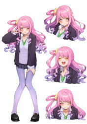 Rule 34 | 1girl, :d, alternate costume, black footwear, blazer, blush, closed eyes, cropped torso, full body, gradient hair, green eyes, green neckwear, gyaru, hair rings, heterochromia, highres, himemori luna, hololive, jacket, long hair, long sleeves, looking at viewer, mikan (chipstar182), multicolored hair, multiple views, necktie, one eye closed, open clothes, open jacket, open mouth, pantyhose, pink hair, purple eyes, purple hair, purple pantyhose, school uniform, scrunchie, simple background, smile, standing, tongue, tongue out, v over eye, virtual youtuber, white background