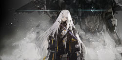 Rule 34 | 1girl, black jacket, blue eyes, buckle, closed mouth, collared jacket, commentary, eyepatch, glowing, grey shirt, highres, jacket, long hair, looking at viewer, mecha, original, robot, shirt, shoulder belt, smoke, solo, standing, upper body, white hair, xinuo223