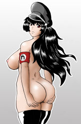Rule 34 | 1girl, armband, ass, black hair, boots, breasts, hand on ass, hat, highres, large breasts, long hair, looking at viewer, looking back, nazi, nipples, nude, peaked cap, red eyes, thigh boots, thighhighs