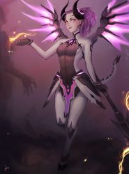 Rule 34 | 1girl, absurdres, alternate costume, armor, artist name, bad id, bad tumblr id, bodysuit, breasts, dark persona, demon horns, emblem, energy beam, facial mark, faulds, forehead mark, full body, glowing, glowing wings, high ponytail, highres, holding, holding staff, hoof shoes, horns, imp mercy, lipstick, looking at another, makeup, making-of available, matilda fiship, mechanical wings, mercy (overwatch), official alternate costume, overwatch, overwatch 1, parted lips, patch, pelvic curtain, pink lips, purple background, purple eyes, purple hair, purple lips, purple wings, signature, small breasts, smile, solo focus, spread wings, staff, wings