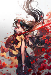 Rule 34 | 1girl, absurdly long hair, absurdres, artist name, black hair, dated, floral print, flower, full body, glint, hair flower, hair ornament, highres, holding, holding sword, holding weapon, japanese clothes, katana, kimono, long hair, looking at viewer, nail polish, parted lips, petals, red eyes, red nails, sandals, socks, solo, sword, very long hair, weapon, white socks, yeonjun park