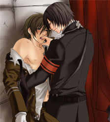 Rule 34 | 2boys, akira (togainu no chi), blush, finger in mouth, finger sucking, gloves, male focus, multiple boys, navel, navel piercing, necktie, open mouth, piercing, saliva, shiki (togainu no chi), smile, togainu no chi, uniform, yaoi
