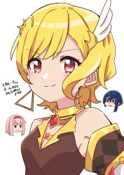 Rule 34 | 1boy, 2girls, absurdres, alcryst (fire emblem), ao (flowerclasse), asymmetrical hair, blonde hair, blue hair, brown dress, citrinne (fire emblem), dress, earrings, feather hair ornament, feathers, fire emblem, fire emblem engage, gold choker, gold trim, grey hairband, hair ornament, hairband, hairclip, highres, hoop earrings, jewelry, lapis (fire emblem), looking at viewer, mismatched earrings, multiple girls, nintendo, red eyes, red hairband, ribbon, smile, solo focus, two-tone hairband, white ribbon, wing hair ornament