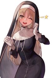 Rule 34 | 1girl, ;d, blush, gloves, habit, highres, light brown hair, long hair, long sleeves, looking at viewer, nijisanji, nun, one eye closed, open mouth, parted bangs, ribbon, simple background, sister claire, sister claire (1st costume), smile, solo, sooon, standing, star (symbol), traditional nun, virtual youtuber, white gloves, white ribbon
