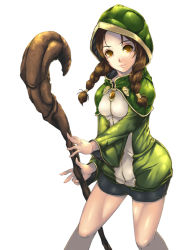 Rule 34 | 1girl, bike shorts, black shorts, braid, brown eyes, brown hair, holding, holding staff, hood, hood up, hooded jacket, jacket, long hair, looking at viewer, original, os (ososos), shiny skin, short shorts, shorts, simple background, solo, staff, standing, twin braids, white background