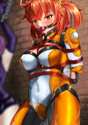 Rule 34 | 2girls, ahoge, arms behind back, ball gag, bdsm, blush, bodysuit, bondage, bound, command spell, covered navel, crying, dorachan r, drooling, fate/grand order, fate (series), fujimaru ritsuka (female), fujimaru ritsuka (female) (chaldea combat uniform), gag, gloves, gluteal fold, highres, mash kyrielight, multiple girls, official alternate costume, orange hair, restrained, shibari, short hair, side ponytail, solo, thighs, yellow eyes