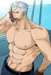 Rule 34 | 1boy, abs, bara, boat, cowboy shot, facial hair, highres, large pectorals, looking ahead, male focus, mature male, medium sideburns, muscular, muscular male, navel, nipples, ocean, one piece, op lasin, pectorals, red eyes, scar, scar on face, scar on forehead, short hair, sideburns stubble, smoker (one piece), solo, sparse stubble, stitches, stomach, stubble, sweat, topless male, tsurime, very sweaty, watercraft, white hair