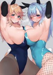 Rule 34 | 2girls, :q, absurdres, animal ears, armpits, bare shoulders, black gloves, black leotard, black pantyhose, blonde hair, blue eyes, blue hair, blue leotard, blush, braid, breast press, breasts, closed mouth, commentary request, commission, covered navel, ear covers, elbow gloves, fake animal ears, fake tail, fishnet pantyhose, fishnets, from side, frown, gloves, gold city (umamusume), grey background, grimace, half-closed eye, hand in own hair, highleg, highleg leotard, highres, horse girl, huge breasts, kshimu, leotard, long hair, looking at viewer, mejiro ardan (umamusume), multiple girls, one eye closed, pantyhose, partial commentary, playboy bunny, presenting armpit, rabbit ears, rabbit tail, skeb commission, smile, standing, steam, strapless, strapless leotard, symmetrical docking, tail, tongue, tongue out, umamusume