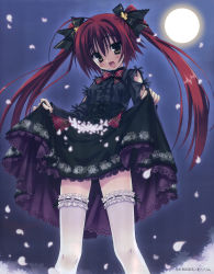 Rule 34 | 1girl, absurdres, bow, brown eyes, bunches, center frills, dress, duplicate, frilled thighhighs, frills, full moon, goth fashion, gothic lolita, hair ribbon, highres, kobuichi, lifting own clothes, lolita fashion, looking at viewer, moon, muririn, night, open mouth, orange eyes, petals, petticoat, red eyes, red hair, ribbon, scan, skirt basket, skirt hold, smile, solo, source request, thighhighs, twintails, yellow eyes