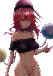 Rule 34 | 1girl, bare shoulders, bottomless, breasts, chain, collarbone, cowboy shot, crop top, hair between eyes, hecatia lapislazuli, highres, joker (stjoker), large breasts, long hair, navel, no pussy, red eyes, red hair, simple background, solo, touhou, white background