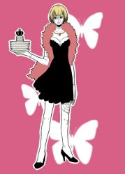 Rule 34 | 1girl, aarue, bad id, bad pixiv id, black dress, black footwear, blonde hair, bug, butterfly, crown, dress, feather boa, high heels, bug, jewelry, necklace, one piece, patterned legwear, plate, scar, shoes, short hair, solo, stitches, thriller bark, victoria cindry, zombie