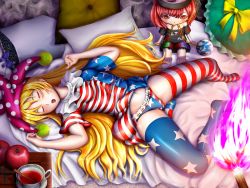 Rule 34 | 1girl, american flag dress, american flag legwear, apple, blonde hair, blue bow, blush, bow, breasts, chain, character doll, closed eyes, clothes lift, clothes writing, clownpiece, cup, dress, dress lift, earth (ornament), fire, food, frilled pillow, frills, fruit, hat, hecatia lapislazuli, jester cap, long hair, lying, navel, neck ruff, no shoes, on back, open mouth, orb, panties, pillow, plate, pom pom (clothes), print dress, print panties, print thighhighs, redoredo (godprogress), saucer, short sleeves, sleeping, small breasts, solo, spread legs, star (symbol), star print, stomach, striped clothes, striped thighhighs, tea, teacup, thighhighs, torch, touhou, underwear, very long hair, yellow bow