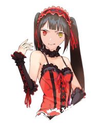 Rule 34 | 1girl, amo (silent bomb19), black hair, black neckwear, blunt bangs, choker, closed mouth, date a live, detached sleeves, dress, gothic lolita, hairband, hand up, heterochromia, lolita fashion, lolita hairband, long hair, looking at viewer, red dress, red eyes, simple background, smile, solo, tokisaki kurumi, twintails, white background, yellow eyes