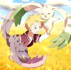Rule 34 | 1boy, :3, :d, bad id, bad pixiv id, blonde hair, blue eyes, blue sky, blurry, blurry background, closed eyes, cloud, cloudy sky, creature, day, digimon, digimon (creature), digimon adventure 02: digimon hurricane jouriku!! chouzetsu shinka!! ougon no digimental, field, floating, highres, layered sleeves, long sleeves, looking at another, looking to the side, lopmon, male focus, maro (lij512), open mouth, outdoors, red shirt, shirt, short over long sleeves, short sleeves, sky, smile, t-shirt, terriermon, wallace (digimon), wheat, wheat field, white shirt, wind