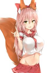 Rule 34 | 10s, 1girl, animal ear fluff, animal ears, astolfo (fate), astolfo (sailor paladin) (fate), bad id, bad pixiv id, between breasts, breasts, commentary request, fate/extra, fate (series), fox ears, fox shadow puppet, fox tail, groin, hair between eyes, hair ribbon, hand gesture, highres, large breasts, long hair, looking at viewer, midriff, navel, neckerchief, official alternate costume, open mouth, pink hair, pleated, red neckerchief, red ribbon, ribbon, school uniform, serafuku, shirt, silver (chenwen), simple background, solo, standing, tail, tamamo (fate), tamamo no mae (fate/extra), white background, white shirt, yellow eyes