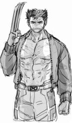 1boy abs bara bare_pectorals claws cowboy_shot deadpool_&amp;_wolverine dishing fighting_stance greyscale hairy jacket large_pectorals looking_at_viewer male_focus marvel mature_male monochrome muscular muscular_male navel navel_hair nipples open_clothes open_jacket pectorals sketch solo standing stomach thick_eyebrows tsurime wolverine_(x-men) x-men