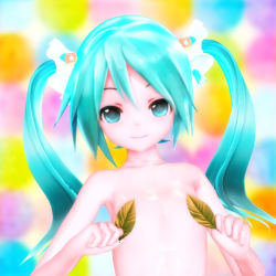 Rule 34 | 00s, 1girl, 3d, aqua eyes, aqua hair, censored, censored nipples, closed mouth, convenient censoring, covering privates, covering nipples, flat chest, hair bobbles, hair ornament, hair scrunchie, hatsune miku, leaf, leaf censor, long hair, looking at viewer, matching hair/eyes, nude, scrunchie, smile, solo, standing, touka1014, twintails, upper body, vocaloid