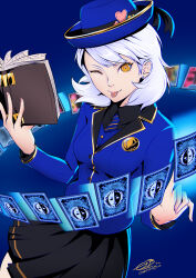 Rule 34 | 1girl, alternate costume, alternate eye color, alternate hair color, black shirt, black skirt, blue background, blue hat, blue jacket, blue necktie, book, card, collared shirt, commentary, cowboy shot, earrings, english commentary, hat, heart, highres, holding, holding book, jacket, jewelry, long sleeves, looking at viewer, medium hair, nail polish, necktie, omniformblue, one eye closed, open book, persona, persona 3, pink nails, pleated skirt, shirt, signature, skirt, smile, solo, stud earrings, takeba yukari, tarot, tarot (card), tongue, tongue out, white hair, yellow eyes