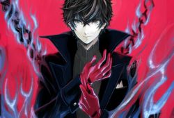 Rule 34 | 1boy, adjusting clothes, adjusting gloves, amamiya ren, black coat, black hair, blue fire, chain, closed mouth, coat, fire, gloves, grey eyes, hair between eyes, hi (ibisf5umauma), looking at viewer, male focus, open clothes, open coat, persona, persona 5, red background, red gloves, smile, solo, twitter username, upper body