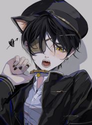 Rule 34 | 1boy, bad id, bad twitter id, belt collar, cat boy, close-up, collar, commentary request, earrings, eyepatch, highres, jewelry, long sleeves, looking at viewer, open mouth, original, ponn mame, short hair, simple background, teeth