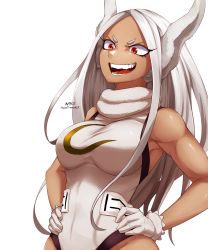 Rule 34 | &gt;:d, 10s, 1girl, absurdres, animal ears, armpits, artist name, bare arms, bare shoulders, boku no hero academia, breasts, covered navel, dark-skinned female, dark skin, evil smile, from side, fur trim, gloves, groin, halterneck, hands on own hips, happy, highres, hip focus, large breasts, leotard, long hair, mirko, muscular, muscular female, nyxkz, open mouth, parted bangs, rabbit ears, rabbit girl, red eyes, short eyebrows, sidelocks, signature, silver hair, simple background, sleeveless, smile, solo, standing, straight hair, swept bangs, taut clothes, teeth, toned, tongue, turtleneck, upper body, v-shaped eyebrows, very long hair, white background, white gloves, white leotard