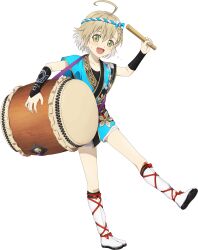 Rule 34 | 1boy, ahoge, blonde hair, child, commentary, drum, english commentary, full body, green eyes, hair between eyes, highres, instrument, laphicet (tales), male focus, official art, open mouth, sleeveless, smile, solo, tales of (series), tales of asteria, tales of berseria
