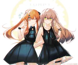 Rule 34 | 2girls, black dress, brown hair, commentary, cowboy shot, dress, girls&#039; frontline, kky, locked arms, long hair, looking at viewer, multiple girls, official alternate costume, one eye closed, red eyes, scar, scar across eye, scar on face, shaded face, smile, standing, thigh strap, twintails, twitter username, ump45 (girls&#039; frontline), ump9 (girls&#039; frontline), wristband, yellow eyes