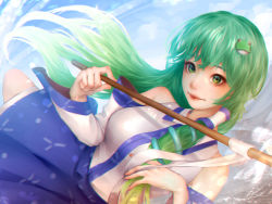 Rule 34 | 1girl, bad id, bad pixiv id, bare shoulders, blue skirt, breasts, chee ke, chromatic aberration, closed mouth, day, detached sleeves, floating hair, frog hair ornament, gohei, green eyes, green hair, hair ornament, highres, holding, holding stick, kochiya sanae, large breasts, lens flare, light blush, light smile, lips, long hair, long sleeves, outdoors, realistic, shirt, skirt, sky, solo, stick, touhou, very long hair, white shirt, wide sleeves