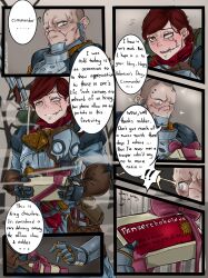 Rule 34 | 1boy, 1girl, absurdres, armor, blue eyes, box, box of chocolates, character request, comic, commentary, english commentary, english text, flying sweatdrops, gas mask, highres, mask, merry remembrancer, multiple views, nervous, panzerschokolade, ribbon, scar, scar on face, smile, speech bubble, twitter username, valentine, warhammer 40k