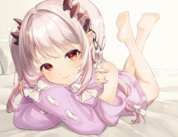 Rule 34 | 1girl, nanashi inc., bare shoulders, bow, closed mouth, commentary request, crossed ankles, feet up, full body, highres, hiyorou, honey strap, horns, long hair, long sleeves, looking at viewer, lying, multicolored hair, on bed, on stomach, pointy ears, purple shirt, red eyes, red hair, shirt, silver hair, sleeves past wrists, smile, solo, streaked hair, suou patra, the pose, virtual youtuber, white bow